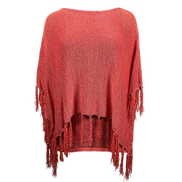 Reba Sweaters - Coral Knit Fringe Poncho Sweater Top Orange Pink Boho Summer New Reba